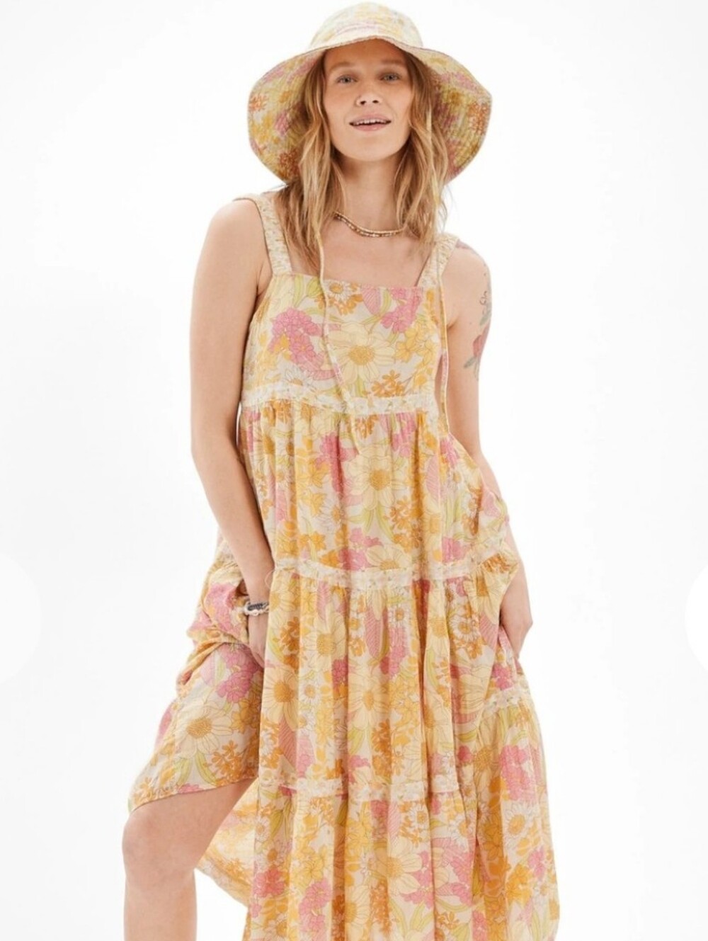 M American Eagle Scoop Back Sundress Flowy Floral Boardwalk Midi Dress With Hat - Picture 8 of 10